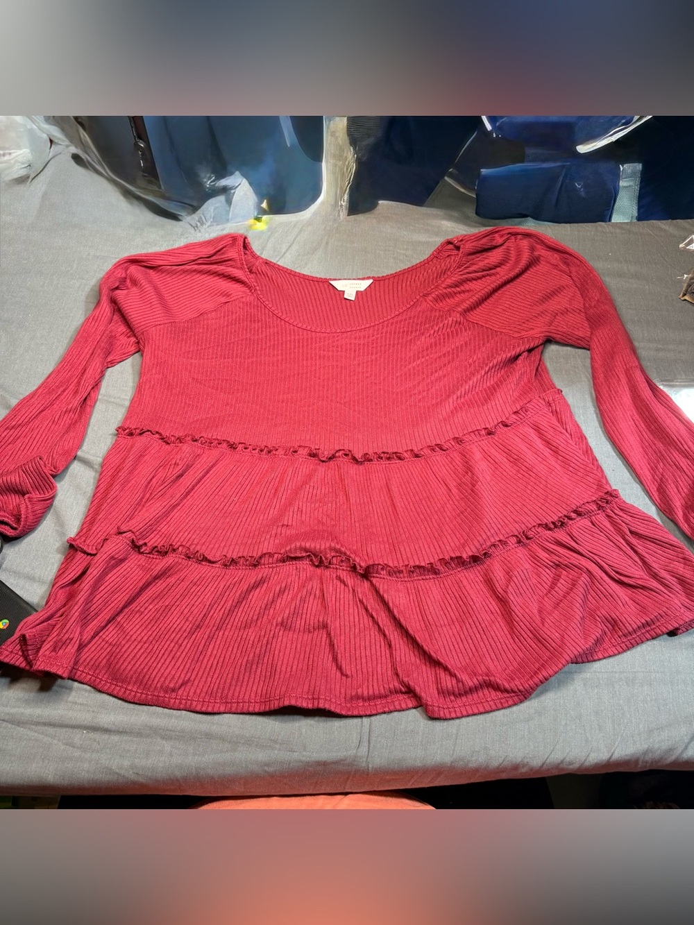 LC Lauren Conrad Raspberry Ribbed Scoop Neck Ruffle Tiered Top
